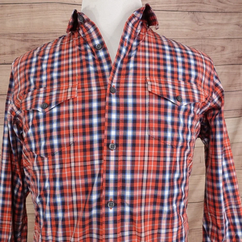 Banana‎ Republic Shirt Mens Large Red Plaid Button Up Slim Fit Stretch Casual